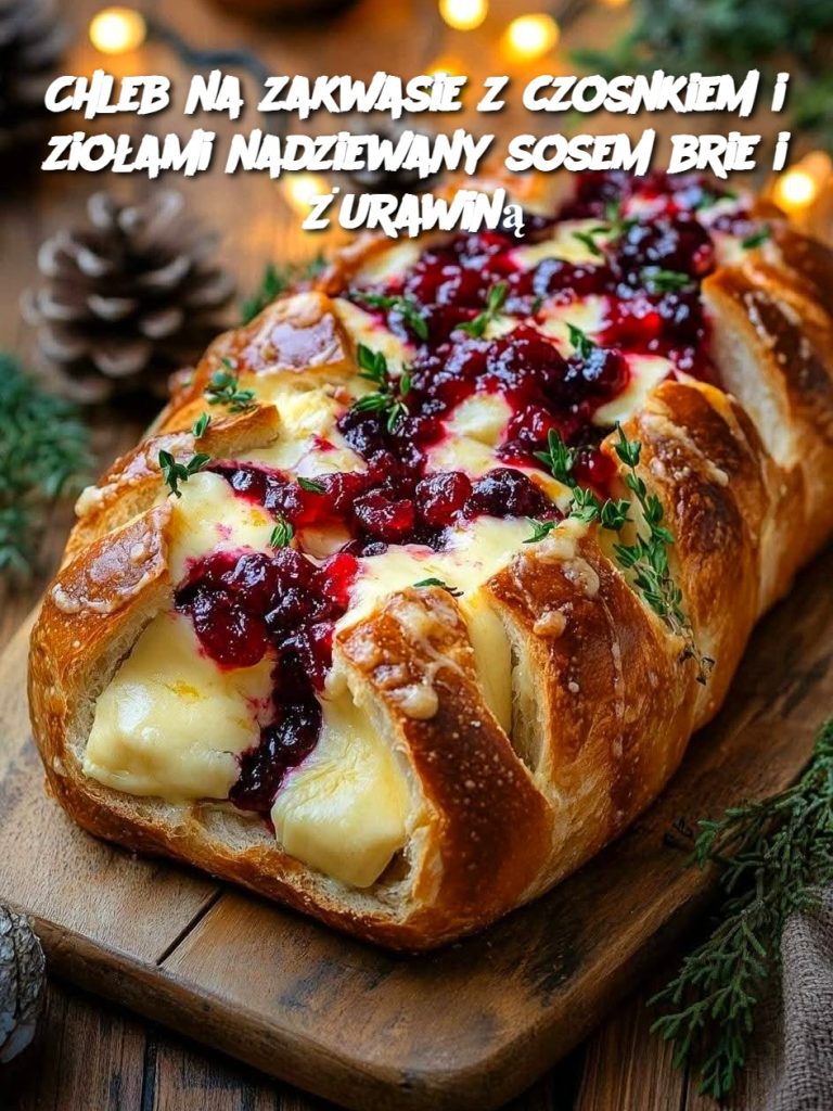 Chleb na zakwasie z czosnkiem i ziołami nadziewany sosem brie i żurawiną