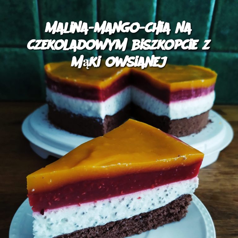 Malina-mango-chia na czekoladowym biszkopcie z mąki owsianej